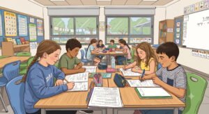 Dibujo de niños sentados en mesas grupales dentro de un salón de clases moderno, leyendo y escribiendo en hojas de trabajo con caracteres en hebreo.
