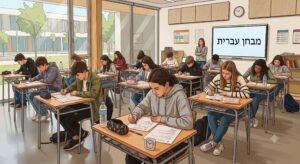 Dibujo de estudiantes sin uniforme concentrados haciendo un examen en sus pupitres dentro de un aula moderna, con una gran pantalla de fondo que muestra el texto en hebreo "מבחן עברית".