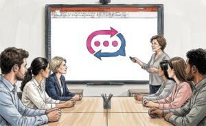 Ilustración de una reunión de negocios donde una mujer expone frente a una pantalla interactiva que muestra un icono de dos flechas en ciclo con puntos suspensivos, mientras un equipo de profesionales escucha en una mesa de juntas.