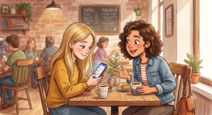 Dibujo de estilo ilustración que muestra a dos amigas sentadas en una mesa de cafetería. Una joven rubia con suéter amarillo sonríe mientras mira fijamente la pantalla de su teléfono celular, ignorando por completo a su amiga de cabello rizado y chaqueta de mezclilla, quien le habla con entusiasmo y gesticula con la mano.