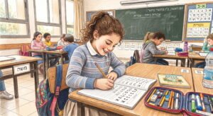 Ilustración estilo boceto a lápiz de una niña con cabello rizado sonriendo y escribiendo con lápiz en su cuaderno de hebreo dentro de un aula escolar con otros compañeros al fondo.