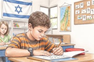 Dibujo a lápiz de color de un niño con camiseta de rayas naranjas y marrón escribiendo en su pupitre en un aula escolar con la bandera de Israel de fondo.