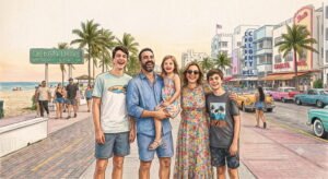 Dibujo a color de una familia de cinco integrantes (mamá, papá, dos hijos y una hija pequeña) sonriendo en el paseo marítimo de Ocean Drive, Miami, con hoteles Art Deco y palmeras de fondo.