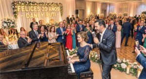 Dibujo a color de una fiesta de 20 aniversario de bodas donde un hombre canta con micrófono y mira a su esposa, quien sonríe sentada tocando un piano de cola negro con un elegante vestido azul de encaje cerrado. Al fondo se lee un letrero luminoso que dice "Felices 20 Años - Dani y Ruti".