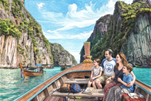 Dibujo a color de una familia israelí, con kipá y ropa tradicional, sonriendo a bordo de una barca tradicional tailandesa (long-tail boat) en un mar turquesa rodeado de grandes acantilados de piedra caliza en Tailandia.