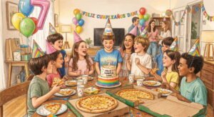 Dibujo de un niño llamado Dani celebrando su cumpleaños número 7 en casa, rodeado de amigos con gorros de fiesta alrededor de una mesa con pastel de arcoíris y pizzas de queso.