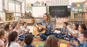 Dibujo a color de una maestra de preescolar sentada en una alfombra tocando la guitarra acústica y sonriendo, mientras un grupo de niños sentados en círculo a su alrededor aplauden y cantan felices en un aula con pizarrón.