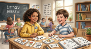 Ilustración en estilo dibujo realista con acuarela de dos niños de 9 a 10 años, una niña con cabello rizado y un niño, sentados juntos en un aula escolar interactuando felizmente con tarjetas didácticas en hebreo sobre una mesa de madera. El fondo muestra un salón de clases iluminado con una pizarra que dice "עבריit" (Hebreo), estanterías y carteles educativos, transmitiendo un ambiente de aprendizaje cooperativo y cálido.