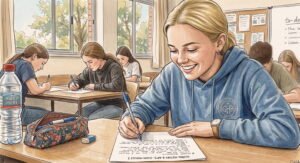 Dibujo estilo acuarela de una joven estudiante rubia sonriendo mientras escribe en su examen dentro de un aula con otros compañeros.
