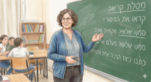 Dibujo de una maestra sonriente apuntando a un pizarrón verde con una tarea de lectura escrita en hebreo, en un salón de clases con alumnos de fondo.