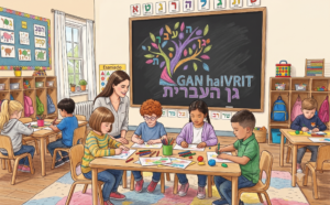 Dibujo de un salón de clases de jardín de niños con un grupo diverso de alumnos sentados en mesitas de madera dibujando, una maestra sonriente y un pizarrón al fondo con un logotipo colorido en forma de árbol y texto en hebreo.