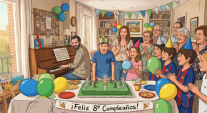 Una familia y amigos celebran el 8º cumpleaños de un niño alrededor de una mesa con globos y una tarta con temática de fútbol, todo en un estilo de dibujo animado y colorido.