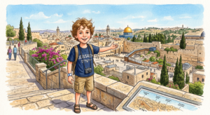Dibujo en acuarela de un niño israelí sonriente con ropa casual, mostrando con su mano la Ciudad Vieja de Jerusalén, incluyendo el Muro de los Lamentos y las murallas históricas desde un mirador.