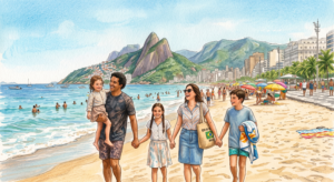 Dibujo en acuarela de una familia sonriente caminando por la playa de Copacabana en Río de Janeiro, vistiendo ropa casual y recatada.