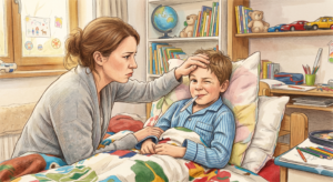 Dibujo de un niño travieso en pijama haciendo un guiño y sonriendo en la cama con un termómetro en la boca, mientras su madre, preocupada, le toca la frente para comprobar si tiene fiebre.