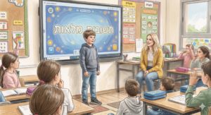 Ilustración estilo dibujo a lápiz de color de un aula donde un niño está de pie frente a una pizarra digital que muestra el texto en hebreo "תשובות מלאות". El niño mira hacia sus compañeros de clase, mientras una maestra joven y rubia lo observa sonriendo desde su escritorio.