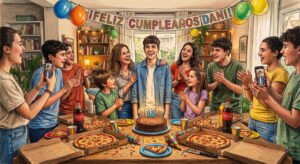 Dibujo a color con estilo de lápices de madera que muestra a un adolescente sonriente celebrando su cumpleaños en el salón de su casa. Está rodeado de su familia y amigos que le aplauden y cantan. En primer plano hay una mesa de madera con pizzas de queso y un pastel de chocolate con velas encendidas.