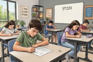 Ilustración de estilo dibujo a lápiz que muestra a varios niños y niñas sentados en sus pupitres haciendo un examen escrito en un salón de clases, con una pizarra al fondo que dice "מבחן" en hebreo.
