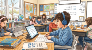 Dibujo de estilo ilustración que muestra a un niño con auriculares azules en su pupitre, siguiendo una lección de hebreo en una tableta y escribiendo en su cuaderno dentro de un salón de clases con más alumnos y una profesora.