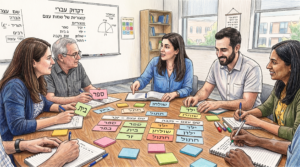 Dibujo a color de un grupo de adultos sentados alrededor de una mesa redonda interactuando con tarjetas de colores que tienen palabras en hebreo escritas, guiados por una profesora.