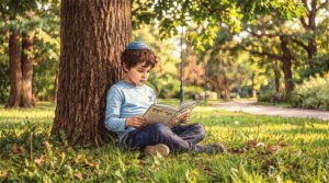 Dibujo a color con estilo de libro ilustrado que muestra a un niño pequeño con kipá azul, sentado con las piernas cruzadas sobre la hierba y apoyado en el tronco de un árbol mientras lee un libro en un parque soleado.